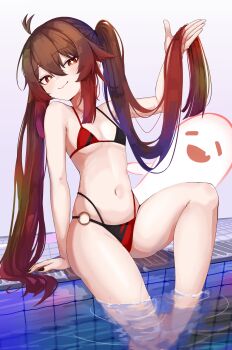  1girl :> absurdres arm_support bare_shoulders bikini black_bikini black_nails boo_tao_(genshin_impact) breasts brown_hair commentary_request excella_(delltothu) flower-shaped_pupils genshin_impact ghost hair_between_eyes hair_lift hand_in_own_hair highleg highleg_bikini highres holding holding_own_hair hu_tao_(genshin_impact) jewelry layered_bikini long_hair looking_at_viewer mihoyo multicolored_bikini navel o-ring o-ring_bikini partially_submerged pool poolside red_bikini red_eyes ring simple_background skindentation small_breasts smile soaking_feet solo solo_focus stomach swimsuit symbol-shaped_pupils twintails very_long_hair water 