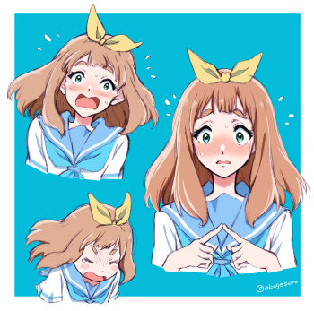 1girl blue_neckerchief blue_sailor_collar blush bow brown_hair closed_eyes commentary_request cropped_torso green_eyes hair_ribbon hibike!_euphonium highres index_fingers_together kotomozou long_hair looking_at_viewer neckerchief open_mouth ribbon sailor_collar school_uniform serafuku shirt short_sleeves simple_background sweat white_shirt yellow_ribbon yoshikawa_yuuko 