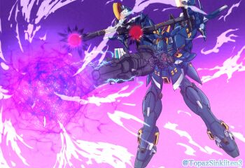  commentary_request energy_cannon flying gun highres holding holding_gun holding_weapon huckebein_30th mecha mecha_focus no_humans personal_trooper_(mecha) robot science_fiction super_robot_wars super_robot_wars_30 topazsinkiiten3 twitter_username v-fin weapon 