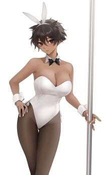  1girl animal_ears bad_id bad_twitter_id bare_shoulders breasts brown_hair commentary cowboy_shot dark-skinned_female dark_skin detached_collar english_commentary fake_animal_ears hand_on_own_hip highres leotard looking_at_viewer medium_breasts micchan_(ohisashiburi) ohisashiburi original pantyhose playboy_bunny pole rabbit_ears red_eyes solo strapless strapless_leotard wrist_cuffs  rating:Sensitive score:81 user:danbooru