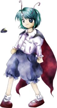  1girl antennae black_cape blue_eyes blue_shorts bug buttons cape denim fireflies firefly flannel green_hair imperishable_night insect jeans lowres mary_janes official_art pants red_cape red_shoes shirt shoes shorts touhou white_shorts wriggle_nightbug zun_(artist) zun_(style) 
