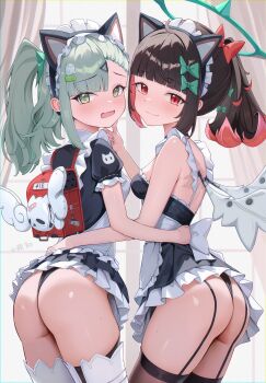  2girls absurdres alternate_costume animal_ear_hairband animal_ears aqua_bow aqua_halo ass backpack bag black_dress black_garter_straps black_hair black_panties black_thighhighs bow breasts cat_ear_hairband cat_ears dress fake_animal_ears from_behind garter_straps green_eyes green_hair hair_bow hairband halo highres loli looking_at_viewer maid maid_headdress multicolored_hair multiple_girls multiple_hair_bows nangong_yu night_known official_alternate_costume open_mouth panties pink_eyes pink_hair short_hair small_breasts sunna_(afternoon_tea_break)_(zenless_zone_zero) sunna_(zenless_zone_zero) thighhighs two-tone_hair underwear white_thighhighs white_wings wings zenless_zone_zero 