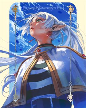  1girl absurdres commentary earrings elf english_commentary english_text frieren green_eyes highres jewelry kornart long_hair meme pointy_ears sky solo sousou_no_frieren twintails upper_body upward_angle_frieren_drawing_(meme) white_hair 