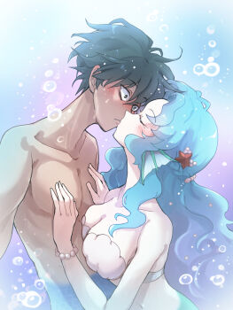  1boy 1girl air_bubble bare_shoulders bikini black_hair blue_tail blush bracelet braid breasts bubble cleavage closed_eyes collarbone commentary_request fins gem green_tail hair_ornament hands_on_another's_chest head_fins highres jewelry kiss komena_(shinyday312) large_breasts long_hair long_sidelocks mermaid merman monster_boy monster_girl original pearl_(gemstone) pearl_bracelet pearl_hair_ornament shell shell_bikini short_hair side_braid sidelocks starfish starfish_hair_ornament swimsuit underwater wide-eyed 