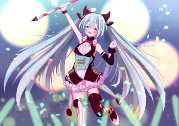  1girl 2019 absurdly_long_hair absurdres animal_ears anniversary aqua_eyes aqua_hair artist_name bare_shoulders blue_eyes blue_hair breasts cat_ears collared_shirt dress_shirt female_focus floating_hair gloves hair_between_eyes hair_ornament happydog@9257 hat hatsune_miku highres long_hair looking_at_viewer magical_mirai_(vocaloid) medium_breasts mini_hat miniskirt necktie pleated_skirt shirt skirt sleeveless sleeveless_shirt smile solo standing standing_on_one_leg striped_clothes striped_thighhighs tattoo thighhighs twintails very_long_hair vocaloid white_gloves white_skirt wing_collar zettai_ryouiki 