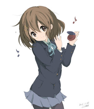  1girl brown_eyes brown_hair castanets core_(mayomayo) cowboy_shot female_focus hirasawa_yui instrument k-on! one_eye_closed pantyhose school_uniform short_hair solo un_tan 