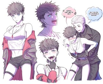  1boy 1girl black_hair blue_eyes breasts cleavage commentary covered_erect_nipples dante_(dmc:_devil_may_cry) devil_may_cry devil_may_cry_(series) dmc:_devil_may_cry english_commentary english_text fangs fingerless_gloves genderswap genderswap_(mtf) gloves highres hug hug_from_behind jacket jewelry medium_breasts midriff necklace pichuuuchan short_hair shorts undercut vergil_(dmc:_devil_may_cry) white_hair 