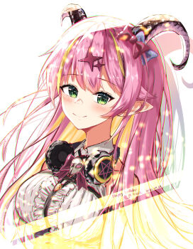  1girl absurdres blonde_hair blonde_streaks blue_bow blush bow closed_mouth collared_shirt commentary_request curled_horns demon_girl demon_horns green_eyes hair_bow hair_flaps hair_ornament headphones headphones_around_neck highres hololive horns looking_at_viewer mano_aloe multicolored_hair pink_bow pink_hair pointy_ears shirt smile solo star_(symbol) star_hair_ornament streaked_hair u_da_desu virtual_youtuber white_shirt 