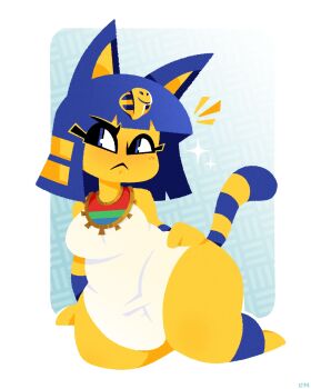  1girl animal_crossing ankha_(animal_crossing) closed_mouth hand_on_own_hip highres legendofnerd nintendo solo striped_tail tail 