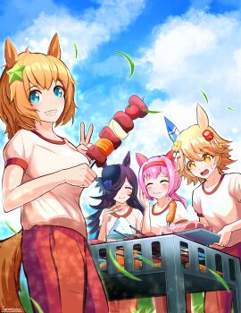  +_+ 4girls absurdres animal_ears blue_eyes blue_flower blue_rose blue_sky blush bow breasts brown_hair carrot chopsticks closed_eyes closed_mouth cloud clover_hair_ornament collarbone commentary_request cooking daruma_doll daruma_doll_hair_ornament ear_covers flipped_hair flower food four-leaf_clover_hair_ornament grill grilling grin gym_shirt hair_between_eyes hair_ornament hair_over_one_eye hairband haru_urara_(umamusume) hat hat_flower headband highres holding holding_chopsticks holding_food holding_tray horse_ears horse_girl horse_tail large_breasts long_hair looking_at_viewer matikanefukukitaru_(umamusume) meat multiple_girls open_mouth orange_hair outdoors pants pink_hair pink_headband plate ponytail red_headband red_pants rice rice_shower_(umamusume) rose shirt shish_kebab short_hair short_sleeves single_ear_cover sky small_breasts smile star_(symbol) star_hair_ornament sweatdrop taiki_shuttle_(umamusume) tail teeth tilted_headwear torinosukei tracen_training_uniform track_pants tray umamusume v white_shirt 