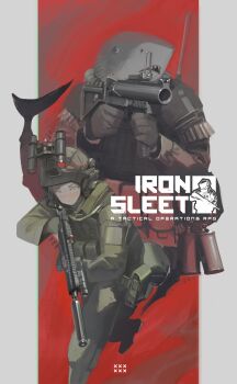  1girl absurdres assault_rifle b&amp;t_gl-06 blue_eyes commentary cover cover_page english_commentary explosive fins fish_tail furry grenade grenade_launcher gun helmet highres holding holding_gun holding_weapon iron_sleet kalashnikov_rifle light_trail load_bearing_vest military_combat_uniform military_uniform night_vision polilla rifle shark_boy shark_tail tail weapon weapon_request 