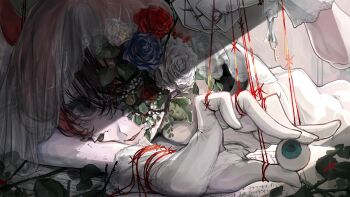  1girl absurdres animal_ear_fluff animal_ears black_hair blue_eyes blue_flower blue_rose blurry_eyes bracelet bridal_veil commentary cracked_skin detached_arm disembodied_eye doll_joints dress eyeball flower flower_over_eye gloves hakos_baelz head_on_arm highres holding holding_eyeball hololive jewelry joints key leaf mouse_ears multicolored_hair paper puppet_strings red_flower red_rose rose smile spiked_bracelet spikes string_around_finger string_around_wrist toro3 veil wedding_dress white_flower white_gloves white_hair white_rose yellow_flower yellow_rose 