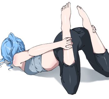  all_fours ass bare_shoulders barefoot blue_eyes bound_puppy_pose breasts commentary english_commentary fatpenguinz feet highres hololive hoshimachi_suisei midriff pants ponytail presenting sexually_suggestive simple_background virtual_youtuber white_background yoga yoga_pants 