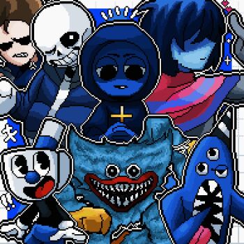  ! !! +++ 1other 6+boys 9aaaalt29 :d ;d arm_up black_eyes black_hat black_mouth black_sclera black_shirt blue_background blue_fur blue_hair blue_hoodie blue_jacket blue_scarf blue_skin blue_theme border bottle bright_pupils brown_hair clenched_teeth closed_mouth color_connection colored_sclera colored_skin commentary cowboy_shot cross crossover cup cuphead_(game) deltarune drinking_straw eddsworld fewer_digits furry furry_male garten_of_banban gloves grey_gloves grin hat heart highres holding holding_bottle holding_cross hollow_eyes hood hood_down hood_up hooded_jacket hoodie huggy_wuggy incredibox index_finger_raised jacket jevin_(sprunki) kris_(dark_world)_(deltarune) kris_(deltarune) looking_at_viewer mugman multiple_boys multiple_crossover nabnab no_nose no_pupils notice_lines object_head one_eye_closed open_clothes open_jacket open_mouth outline outside_border pac-man_eyes parted_lips party_hat pink_scarf pixel_art poppy_playtime profile sans_(undertale) scarf shaded_face sharp_teeth shirt short_hair simple_background skeleton smile sparkle sprunki standing striped_clothes striped_hat striped_headwear striped_scarf symbol-only_commentary teeth third_eye tom_(eddsworld) tongue tongue_out two-tone_hat two-tone_headwear two-tone_scarf undertale upper_body utdr_(toby_fox) white_border white_eyes white_gloves white_hat white_outline white_pupils white_shirt yellow_gloves 