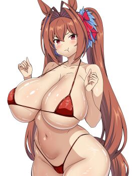  1girl :t a-sui absurdres alternate_breast_size_(larger) animal_ears antenna_hair bikini blush breasts brown_hair brown_tail closed_mouth commentary_request daiwa_scarlet_(umamusume) hair_between_eyes hair_intakes highres horse_ears horse_girl horse_tail huge_breasts long_hair looking_at_viewer micro_bikini navel pout red_bikini red_eyes simple_background skindentation solo stomach swimsuit tail twintails umamusume v-shaped_eyebrows very_long_hair white_background 