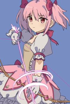  1girl arrow_(projectile) back_bow blue_background bow bow_(weapon) closed_mouth commentary_request cowboy_shot dress floating_hair frills from_side gem gloves hair_between_eyes hair_bow hand_up highres holding holding_arrow holding_bow_(weapon) holding_weapon kaname_madoka looking_at_viewer magical_girl mahou_shoujo_madoka_magica mahou_shoujo_madoka_magica_(anime) pink_bow pink_dress pink_eyes pink_gem pink_hair puffy_short_sleeves puffy_sleeves short_hair short_sleeves short_twintails sidelocks simple_background smile solo standing twintails two-tone_dress user_dwmj3838 weapon white_dress white_gloves 