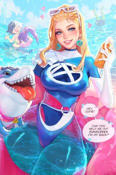  1boy 3girls animal_collar between_breasts black_hair breasts cleavage_cutout clothing_cutout collar colored_skin day eyewear_on_head face_between_breasts fantastic_four grabbing_another&#039;s_breast green_skin groping hair_slicked_back head_between_breasts highres hulk invisible jeff_(marvel) large_breasts legs_together lotion luna_snow marvel marvel_rivals multicolored_hair multiple_girls o-ring o-ring_swimsuit ocean official_alternate_costume official_alternate_hairstyle outdoors partially_invisible prywinko psylocke psylocke_(breezy_butterfly) purple_hair sharp_teeth solo_focus split-color_hair sue_storm sue_storm_(azure_shade) sunglasses sunscreen swim_ring swimsuit teeth thighs tongue tongue_out unworn_bikini_top variant_set water white_hair x-men yuri 