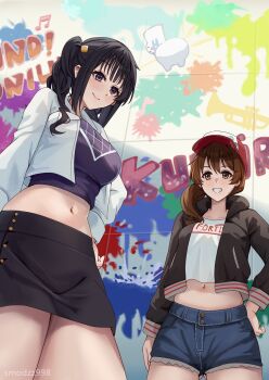  2girls baseball_cap black_hair black_skirt breasts brown_eyes brown_hair brown_jacket cropped_jacket denim denim_shorts graffiti grin hat hibike!_euphonium highres instrument jacket kousaka_reina large_breasts medium_breasts midriff miniskirt multiple_girls navel oumae_kumiko paint_splatter purple_eyes shirt shorts skirt smile smodzz998 stomach trumpet white_jacket 