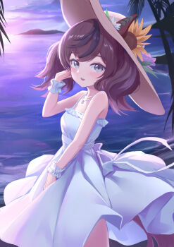  1girl absurdres animal_ears bare_shoulders beach blue_sky blush breasts brown_eyes brown_hair chinese_commentary commentary dress ear_covers ears_through_headwear flower hat hat_flower highres horse_ears horse_girl horse_tail jewelry looking_at_viewer medium_hair multicolored_hair necklace nice_nature_(umamusume) ocean open_mouth outdoors sky sleeveless sleeveless_dress smile solo streaked_hair sun_hat sundress sunflower tail twintails umamusume water white_dress white_wrist_cuffs wrist_cuffs ye_yemail 