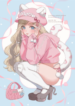  1girl :p animal_ear_fluff animal_ears bag blue_background blue_eyes blue_nails blush brown_hair brown_shoes commentary_request ears_through_headwear english_text flat_cap frilled_thighhighs frills full_body handbag hat high_heels highres hood hood_down hooded_jacket jacket leopard_ears leopard_girl leopard_tail long_hair long_sleeves looking_at_viewer miyako_(xxxbibit) nail_polish no_pants original panties paw_shoes pink_hat pink_jacket pink_panties puffy_long_sleeves puffy_sleeves romaji_text shoes side-tie_panties sleeves_past_wrists solo squatting tail thighhighs tongue tongue_out two-tone_background underwear very_long_hair white_background white_thighhighs 
