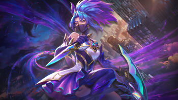 1girl absurdres akali bare_shoulders dress_shirt high_ponytail highres league_of_legends ponytail purple_hair shirt skirt skirt_set sky solo star_(sky) star_guardian_(league_of_legends) star_guardian_akali starry_sky third-party_source wallpaper_forced