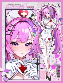  1girl ahoge bandaged_leg bandages bandaid bandaid_hair_ornament bandaid_on_leg blush breasts chimanakoneko cleavage commentary demon_girl demon_horns dress english_commentary full_body gloves hair_ornament hair_ribbon halloween_costume hat heart heart_ahoge heart_hands highres horns indie_virtual_youtuber ironmouse long_hair looking_at_viewer medium_breasts multicolored_hair nurse nurse_cap pink_hair purple_eyes purple_hair purple_streaks ribbon short_dress smile stitches streaked_hair syringe thighhighs twintails very_long_hair virtual_youtuber white_dress white_gloves white_horns x_hair_ornament 