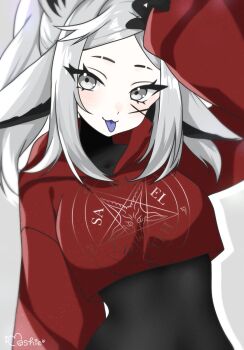  1girl animal_ears black_bodysuit bodysuit bodysuit_under_clothes colored_skin colored_tongue cropped_hoodie dyarikku_(vtuber) facial_mark fox_ears fox_girl grey_eyes grey_hair highres hood hoodie indie_virtual_youtuber looking_at_viewer moshiedraws purple_tongue red_hoodie skin_tight solo tongue tongue_out very_long_ears virtual_youtuber white_skin x_(symbol) x_facial_mark 