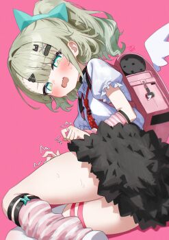  1girl absurdres backpack bag blush commentary delfino hair_ornament highres looking_at_viewer necktie open_mouth pink_background pink_bag randoseru red_necktie shirt short_sleeves socks solo sunna_(zenless_zone_zero) white_shirt zenless_zone_zero 