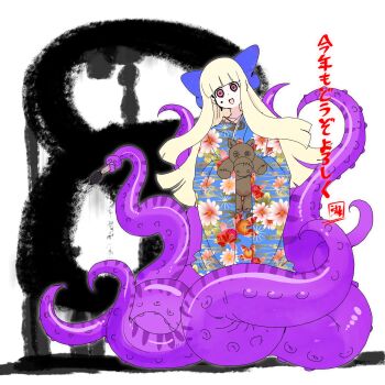  1girl :d black_alice_(mon-musu_quest!) blonde_hair blue_ribbon commentary_request floral_print floral_print_kimono hair_ribbon happy_new_year head_tilt highres hime_cut holding holding_brush holding_paintbrush holding_stuffed_toy japanese_clothes kimono long_hair looking_at_viewer mon-musu_quest! monster_girl new_year official_artist_extra open_mouth paintbrush pink_eyes print_kimono ribbon scylla setouchi_(blackse) smile solo stuffed_animal stuffed_toy tentacles white_background wide-eyed 