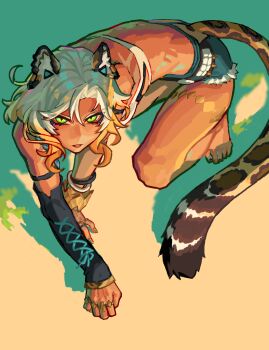  1girl all_fours animal_ear_fluff animal_ears back blonde_hair body_markings bracelet cat_ears cat_girl cat_tail chinese_commentary commentary_request crawling crop_top dark-skinned_female dark_skin detached_sleeves from_above full_body genshin_impact green_background green_eyes highres jaguar_ears jaguar_girl jaguar_tail jewelry jingmaishaonu leg_tattoo long_hair long_sleeves looking_at_viewer looking_up multicolored_eyes multiple_rings parted_lips ring shade shadow short_shorts shorts slit_pupils solo tail tan tattoo thighs wavy_hair xilonen_(genshin_impact) 