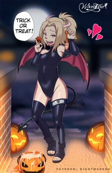  1girl aged_down alternate_species black_leotard black_shoes black_sleeves black_thighhighs blonde_hair blurry blurry_background condom covered_erect_nipples cum cum_in_container demon_girl demon_horns demon_tail demon_wings detached_sleeves female_focus heart heart-shaped_pupils horns implied_hetero leotard loli looking_at_viewer medium_hair moon naruto_(series) naughty_face night nightmare_hdraw open-toe_shoes open_mouth orange_eyes outdoors shoes solo standing symbol-shaped_pupils tail teeth thighhighs toes tongue tongue_out tsunade_(naruto) upper_teeth_only used_condom variant_set wings 