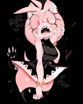 1girl ahoge amy_rose animal_ears black_background black_dress black_thighhighs bracelet breasts dress ear_piercing eyelashes fangs furry goth_fashion hair_over_one_eye jewelry medium_breasts piercing red_eyes sharp_teeth simple_background sonic_(series) teeth thighhighs thighs usa37107692 zettai_ryouiki rating:General score:46 user:danbooru