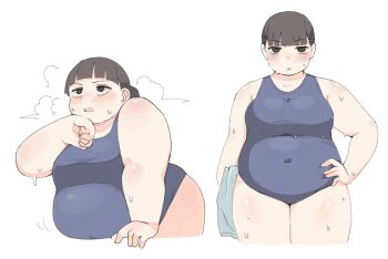  1girl bifizu's_gold blunt_bangs blush breasts brown_eyes brown_hair collarbone covered_navel cowboy_shot cropped_legs fat fat_woman large_breasts looking_at_viewer multiple_views one-piece_swimsuit open_mouth original puff_of_air simple_background sweat swimsuit thick_arms thick_thighs thighs white_background  rating:Sensitive score:13 user:danbooru