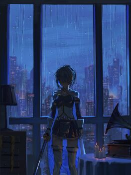  1girl arm_strap blue_gemstone blue_hair blue_skirt blue_sleeves breasts buttons candle candlelight cape city_lights cityscape commentary_request crying detached_sleeves diamond_button dim_lighting drawer faceless feet_out_of_frame fortissimo gem gloves hair_ornament highres holding holding_sword holding_weapon lamp long_sleeves magical_girl mahou_shoujo_madoka_magica mahou_shoujo_madoka_magica_(anime) miki_sayaka miki_sayaka_(magical_girl) musical_note musical_note_hair_ornament night phonograph pleated_skirt rain ribbon shaded_face shionoji08 shirt short_hair skirt solo soul_gem stomach_jewel strapless strapless_shirt sword table tablecloth tears thighhighs vinyl_record weapon white_cape white_gloves white_shirt white_thighhighs window yellow_ribbon zettai_ryouiki 