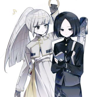  1boy 1girl albina_(project_moon) black_eyes black_gloves black_hair black_shirt cropped_jacket fingerless_gloves gakuran gloves grey_eyes grey_hair grey_jacket grey_skirt heterochromia high-waist_skirt highres jacket kan_084 limbus_company long_hair long_sleeves medium_hair musical_note ponytail project_moon ren_(project_moon) school_uniform shirt simple_background skirt white_background 