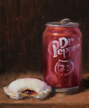  artist_name can dr_pepper drink_can food food_focus highres no_humans noah_verrier oil_painting_(medium) original painting_(medium) peanut_butter_and_jelly_sandwich sandwich soda soda_can still_life traditional_media 
