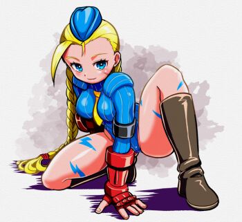  1girl ahoge blonde_hair blue_eyes blue_leotard bodypaint boots braid brown_boots cammy_white commentary_request fingerless_gloves gloves highleg highleg_leotard hiro68 leotard lightning_bolt_symbol long_hair necktie red_gloves ribbed_leotard scar scar_on_face shadaloo_dolls shoulder_pads solo street_fighter street_fighter_zero_(series) turtleneck twin_braids twintails yellow_necktie 