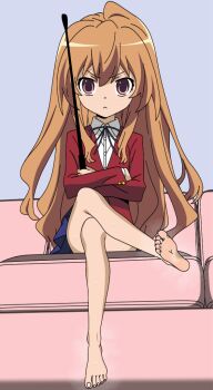  >:< 1girl :< aisaka_taiga barefoot bdsm blue_skirt brown_eyes buttons collared_shirt couch crossed_arms crossed_legs domination dot_nose feet femdom foot_focus full_body hair_between_eyes jacket legs blue_background light_brown_hair long_hair long_sleeves looking_at_viewer neck_ribbon pleated_skirt red_jacket ribbon riding_crop school_uniform shirt simple_background sitting skirt soles sweat sweatdrop toenails toes toradora! tsundere very_long_hair wavy_hair white_shirt 