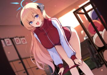  1girl akari_(blue_archive) black_horns black_panties blonde_hair blue_archive blue_eyes blue_halo blurry blurry_background braid braided_bangs breasts buruma buruma_pull clothes_pull commentary_request ddangbi demon_girl demon_horns forward-facing_horns gym_storeroom halo heart heart-shaped_pupils highres horns indoors jacket large_breasts leaning_forward light_particles long_sleeves looking_at_viewer open_mouth panties pulling_own_clothes red_buruma red_jacket smile solo standing symbol-shaped_pupils teeth thighs track_jacket underwear upper_teeth_only white_sleeves 