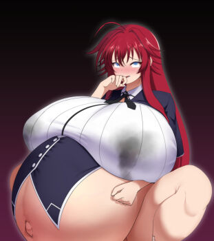  1girl absurdres ahoge alternate_breast_size_(larger) big_belly blue_eyes blush breasts dearonnus female_focus gigantic_breasts high_school_dxd highres kuoh_academy_school_uniform lactation lactation_through_clothes linea_nigra long_hair looking_up navel outie_navel pregnant red_hair rias_gremory school_uniform solo squatting 