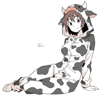  1girl animal_costume animal_ears animal_print ayase_fuuka blush breasts brown_eyes brown_hair cow_costume cow_ears cow_horns cow_print full_body highres horns large_breasts looking_at_viewer nalathorm short_hair signature sitting smile solo yotsubato! 