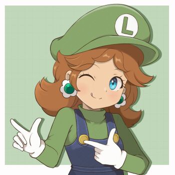  1girl ;q blue_eyes blue_overalls border chocomiru closed_mouth commentary cosplay crossdressing crossdressing_(ftm) double_finger_gun earrings english_commentary finger_gun flower_earrings gloves green_background green_hat green_shirt grid_background hat jewelry long_hair long_sleeves luigi luigi_(cosplay) mario_(series) newsboy_cap nintendo one_eye_closed orange_hair outside_border overalls princess_daisy shirt smile solo tongue tongue_out upper_body white_border white_gloves 