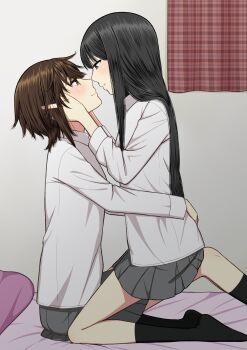  2girls absurdres black_hair black_socks blue_eyes brown_eyes brown_hair closed_mouth collared_shirt commentary_request curtains grey_skirt hand_on_another's_face hand_on_another's_waist highres long_hair multiple_girls on_bed original pleated_skirt ryuusa school_uniform shirt short_hair sitting sitting_on_lap sitting_on_person skirt smile socks white_shirt yuri 