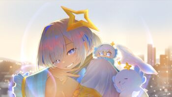  1girl amane_kanata amane_kanata_(1st_costume) angel angel_wings armband blue_hair colored_inner_hair commentary_request feathered_wings gingham_sleeves grey_hair guuuuuu41 halo highres hololive jacket long_sleeves looking_at_viewer mini_wings multicolored_hair purple_eyes short_hair star_halo upao_(amane_kanata) v virtual_youtuber white_jacket wings 