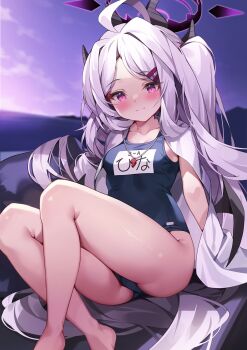  1girl ahoge arm_support armpits ass bare_legs barefoot beach blue_archive blurry blush cloud cloudy_sky collarbone commentary_request demon_girl demon_horns demon_wings depth_of_field forehead hair_ornament hairclip halo head_tilt highres hina_(blue_archive) hina_(swimsuit)_(blue_archive) horns knees_up loli long_hair looking_at_viewer mountainous_horizon name_tag ocean official_alternate_costume official_alternate_hairstyle old_school_swimsuit one_side_up outdoors parted_bangs pinki_o64 purple_eyes school_swimsuit shirt shirt_on_shoulders sidelocks sitting sky sleeveless smile solo swimsuit twilight wavy_hair whistle whistle_around_neck white_hair white_shirt wings  rating:Sensitive score:34 user:danbooru