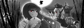  6+girls animal_ears arrow_(projectile) bamboo bamboo_forest black_hair bow bow_(weapon) braid cape carrot_necklace commentary_request dress eientei exhausted forest fujiwara_no_mokou full_moon greyscale hat highres hime_cut houraisan_kaguya imperishable_night inaba_tewi jacket jewelry korean_commentary long_hair long_sleeves looking_at_viewer lovelobten monochrome moon multiple_girls nature necklace necktie night nurse_cap open_mouth rabbit_ears red_eyes reisen_udongein_inaba shirt short_hair silhouette sky smile touhou very_long_hair weapon wide_sleeves wriggle_nightbug yagokoro_eirin 