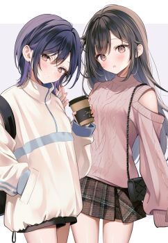  2girls :o aran_sweater azato_jk_(yugaa) backpack bag black_bag black_hair blush breasts brown_eyes brown_hair brown_skirt cable_knit closed_mouth clothing_cutout collarbone colored_inner_hair commentary_request cup disposable_coffee_cup disposable_cup fashion full_body hand_in_pocket handbag highres holding holding_cup long_hair long_sleeves looking_at_viewer medium_breasts medium_hair miniskirt multicolored_hair multiple_girls open_mouth original oversized_clothes oversized_shirt pink_sweater plaid_clothes plaid_skirt purple_hair shiraishi_reina_(yugaa) shirt shoulder_cutout siblings sisters skirt sleeves_past_fingers sleeves_past_wrists standing sweater swept_bangs white_shirt yugaa zipper_top 
