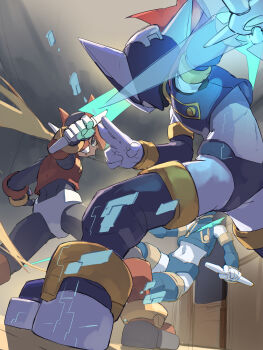  3boys absurdres armor battle black_armor black_helmet blonde_hair clone commentary_request energy_blade energy_sword forehead_jewel helmet hidden_phantom_(mega_man) highres holding holding_shuriken holding_sword holding_weapon kuji-in long_hair mega_man_(series) mega_man_zero_(series) mega_man_zero_1 multiple_boys omochi_(mochi_skymega) red_armor red_helmet red_scarf scarf shuriken sword weapon z_saber zero(z)_(mega_man) zero_(mega_man) 