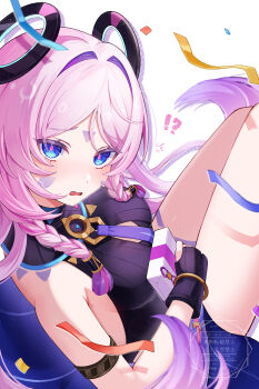  !? 1girl absurdres armlet armpit_crease black_gloves blue_eyes blush braid breasts citlali_(genshin_impact) cleavage_cutout clothing_cutout commentary_request facial_tattoo fingerless_gloves genshin_impact gloves gold_armlet hair_between_eyes hair_intakes highres jewelry leg_tattoo looking_at_viewer looking_back medium_breasts mugita_(mokankan) open_mouth pink_hair ring_hair_ornament shirt simple_background sleeveless sleeveless_shirt solo tattoo watermark white_background 