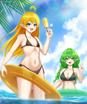  2girls :d absurdres ahoge bikini bikini_top_only black_bikini black_swimsuit blonde_hair blue_eyes blue_sky braid breasts cleavage cloud collarbone commission commissioner_upload day elf euphemy_sylvaine flat_chest food green_hair highres holding innertube large_breasts long_hair looking_at_viewer lori_hagami lotte_farona multiple_girls navel ocean official_art open_mouth outdoors partially_submerged pointy_ears popsicle side-tie_clothing side-tie_swimsuit sky small_breasts smile sparkle standing string_bikini swim_ring swimsuit wading water ways_of_darkness_(series) 